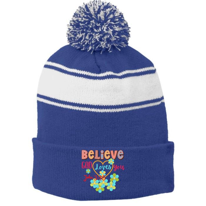 Believe God Loves You/ Bible Verse Positive Funny Gift Stripe Pom Pom Beanie