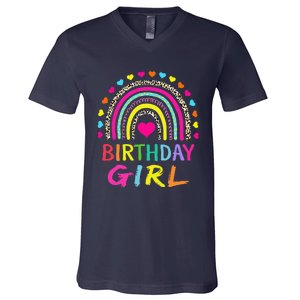 Birthday Girl Leopard Rainbow Birthday Party Family V-Neck T-Shirt