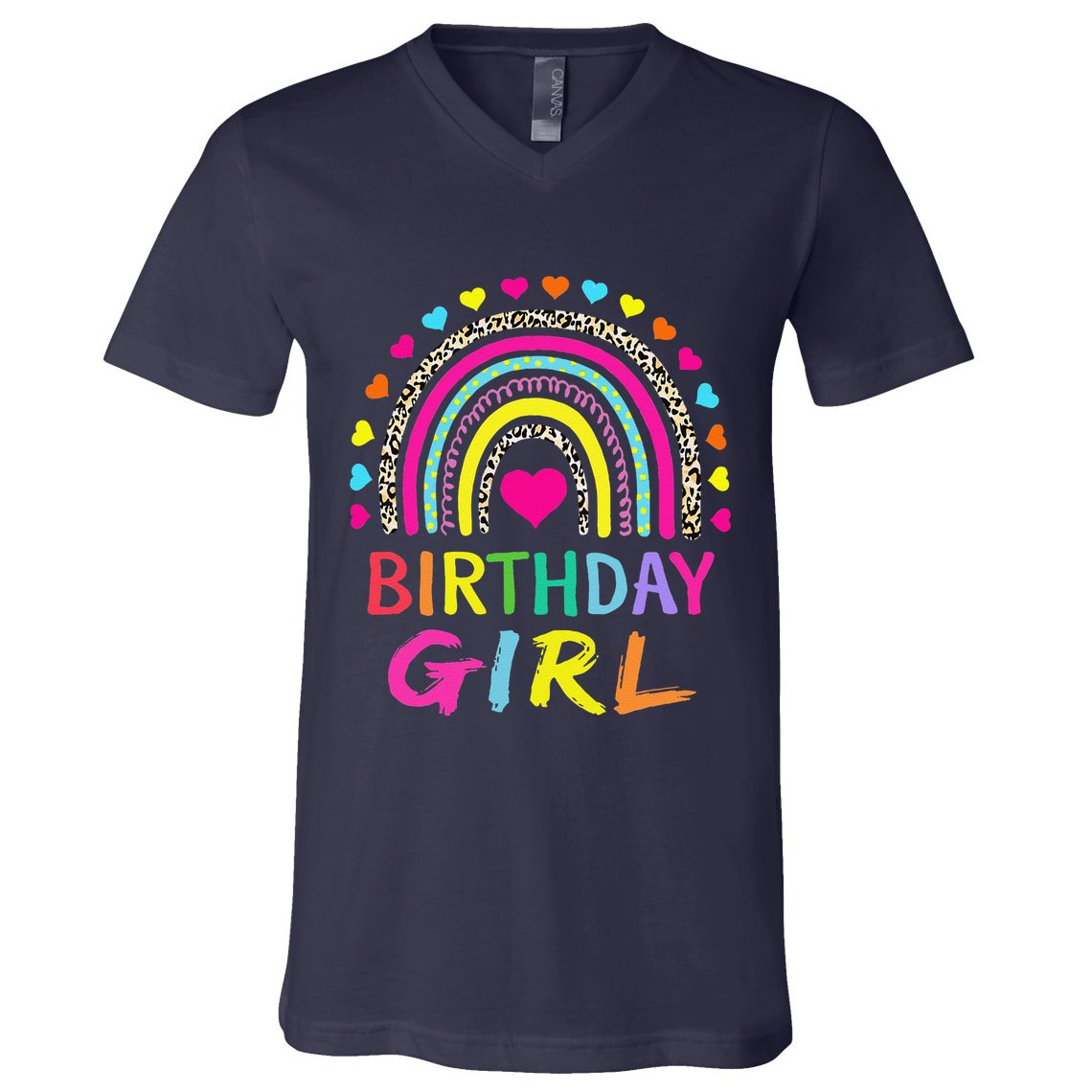 Birthday Girl Leopard Rainbow Birthday Party Family V-Neck T-Shirt