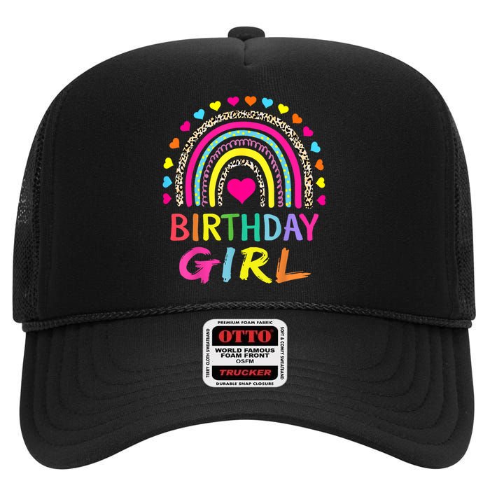 Birthday Girl Leopard Rainbow Birthday Party Family High Crown Mesh Back Trucker Hat