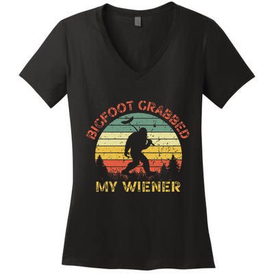 Bigfoot Grabbed My Wiener Funny Retro Design Women's V-Neck T-Shirt