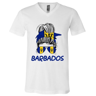 Barbados Girl Messy Bun Barbados Flag Barbadian Women V-Neck T-Shirt