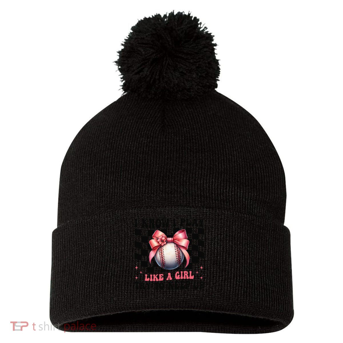 Baseball Girl Mom Mama Coquette I Know I Play Like A Girl Pom Pom 12in Knit Beanie