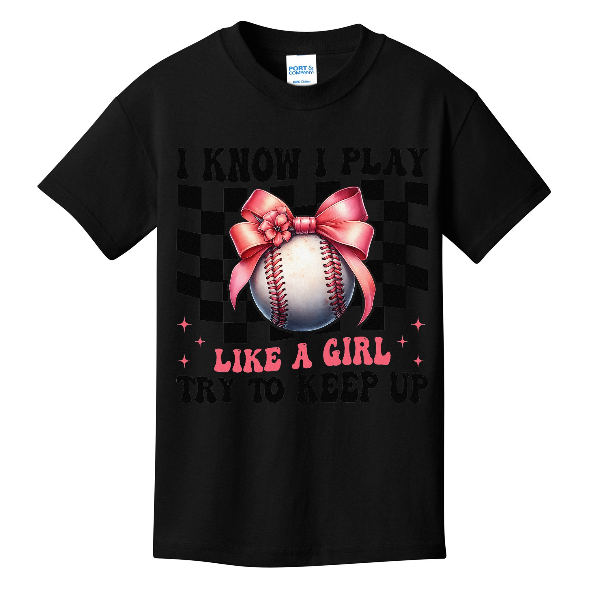 Baseball Girl Mom Mama Coquette I Know I Play Like A Girl Kids T-Shirt