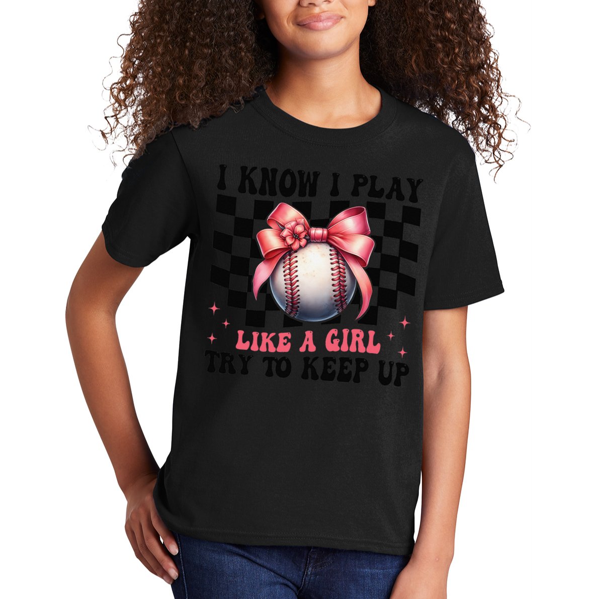 Baseball Girl Mom Mama Coquette I Know I Play Like A Girl Kids T-Shirt