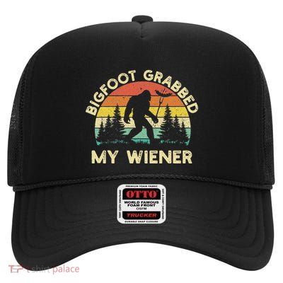 Bigfoot Grabbed My Wiener Funny Bigfoot Retro High Crown Mesh Back Trucker Hat