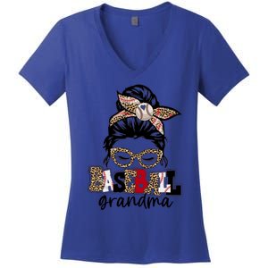 Baseball Grandma Messy Bun Leopard Baseball Grandma Gift Women's V-Neck T-Shirt