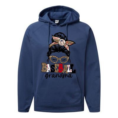 Baseball Grandma Messy Bun Leopard Baseball Grandma Gift Performance Fleece Hoodie