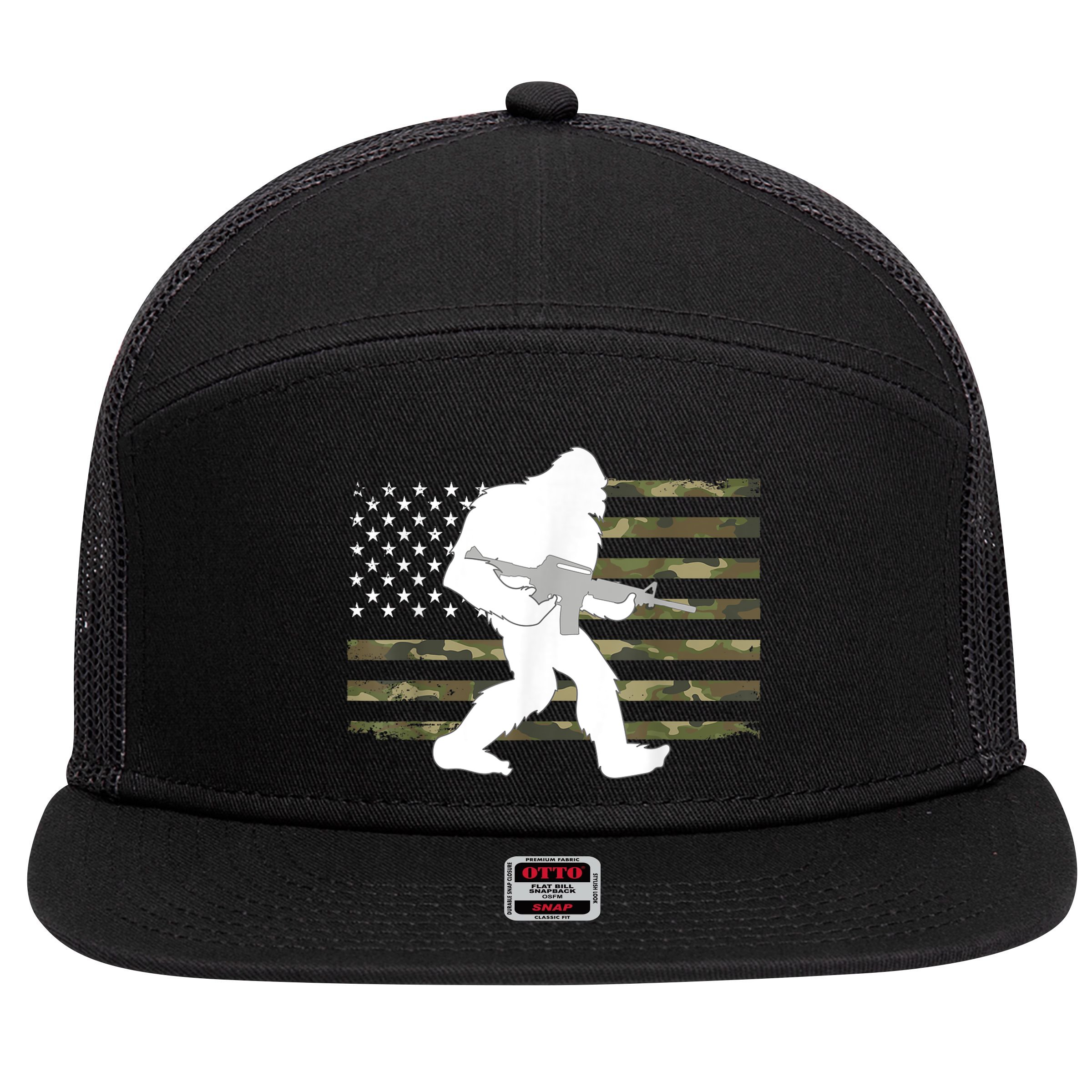 Bigfoot Gun Owner Camo Us American Flag Sasquatch Ar15 Rifle 7 Panel Mesh Trucker Snapback Hat