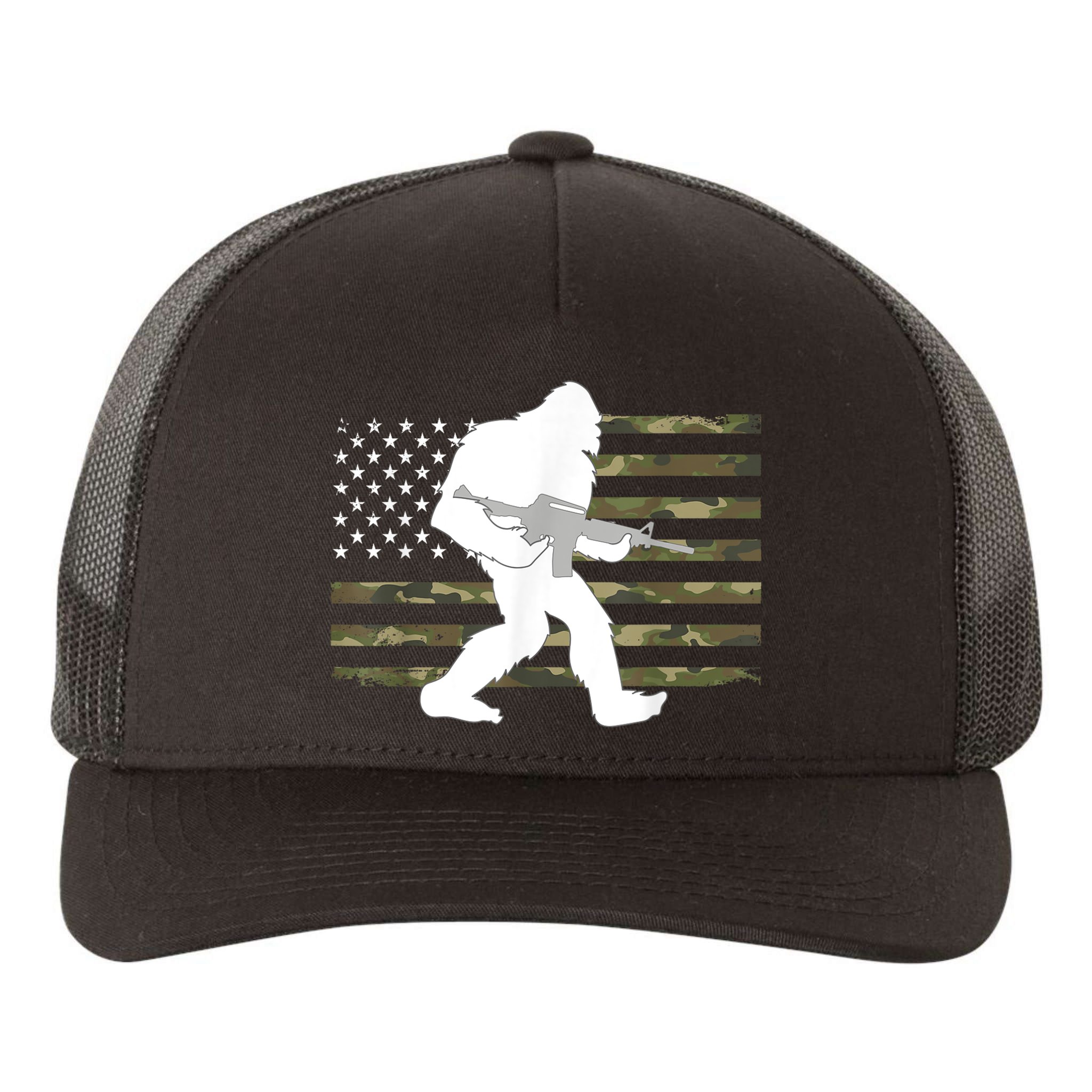 Bigfoot Gun Owner Camo Us American Flag Sasquatch Ar15 Rifle Yupoong Adult 5-Panel Trucker Hat