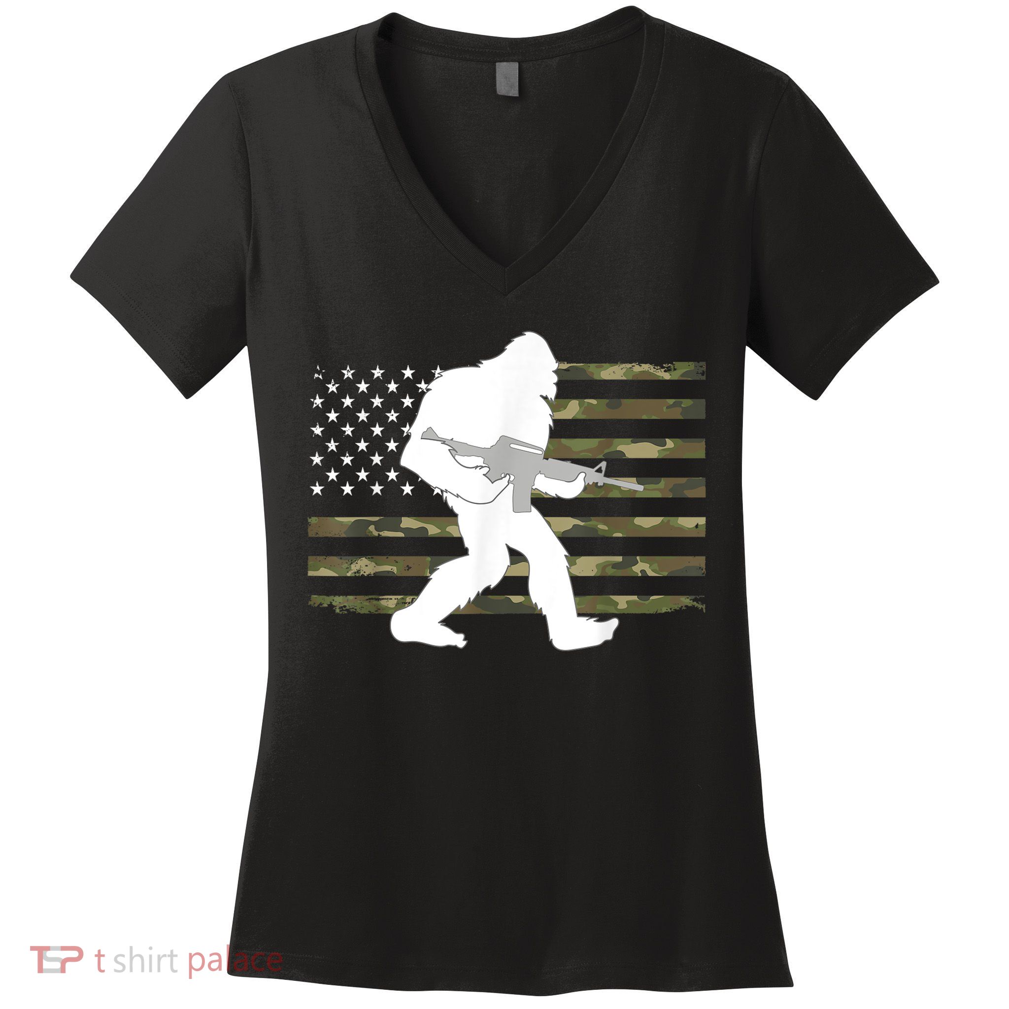 Bigfoot Gun Owner Camo Us American Flag Sasquatch Ar15 Rifle Women's V-Neck T-Shirt