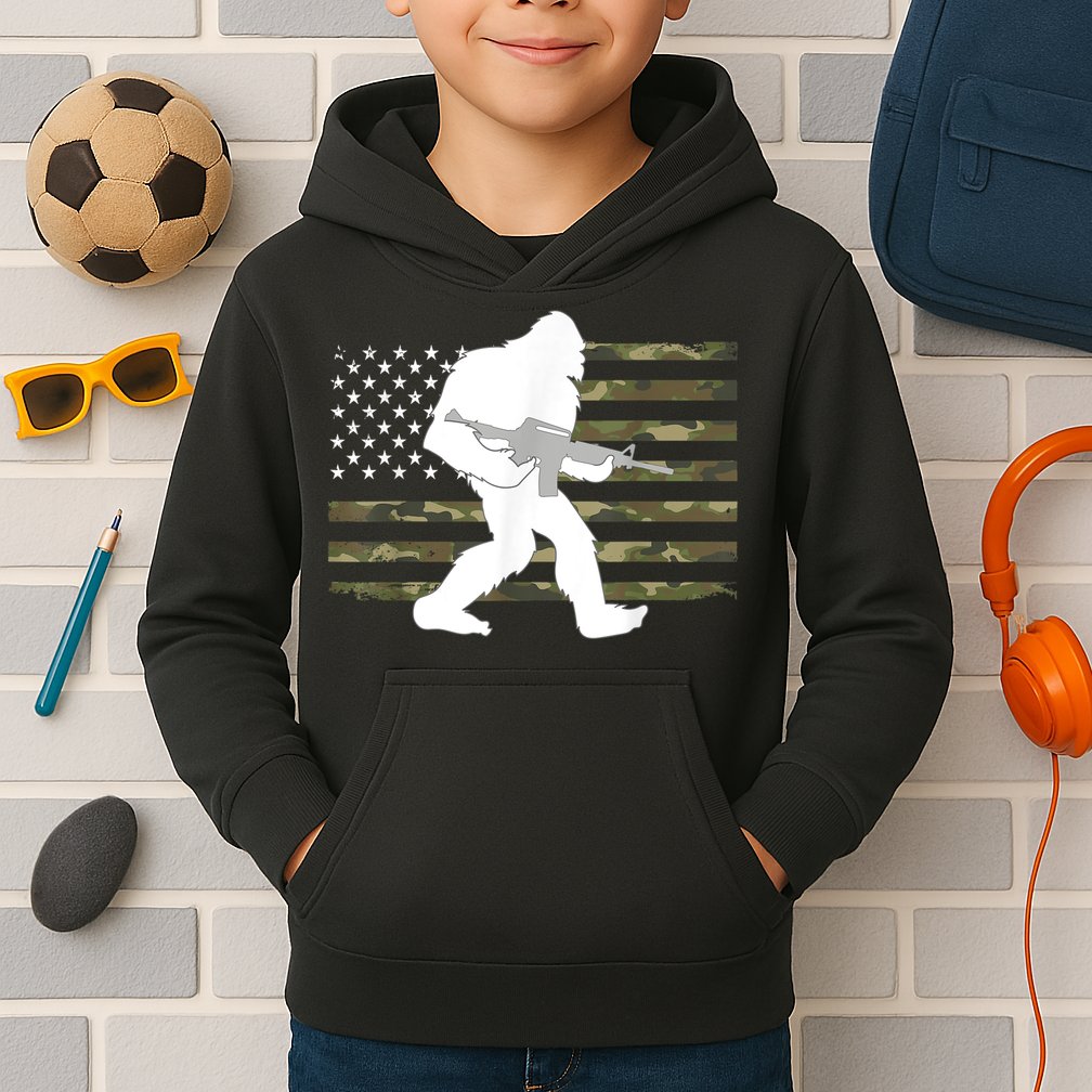 Bigfoot Gun Owner Camo Us American Flag Sasquatch Ar15 Rifle Kids Hoodie