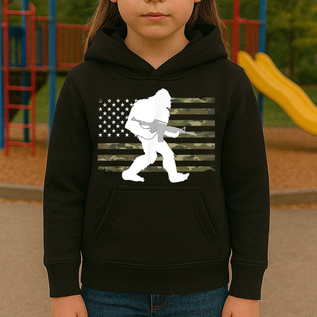 Bigfoot Gun Owner Camo Us American Flag Sasquatch Ar15 Rifle Kids Hoodie