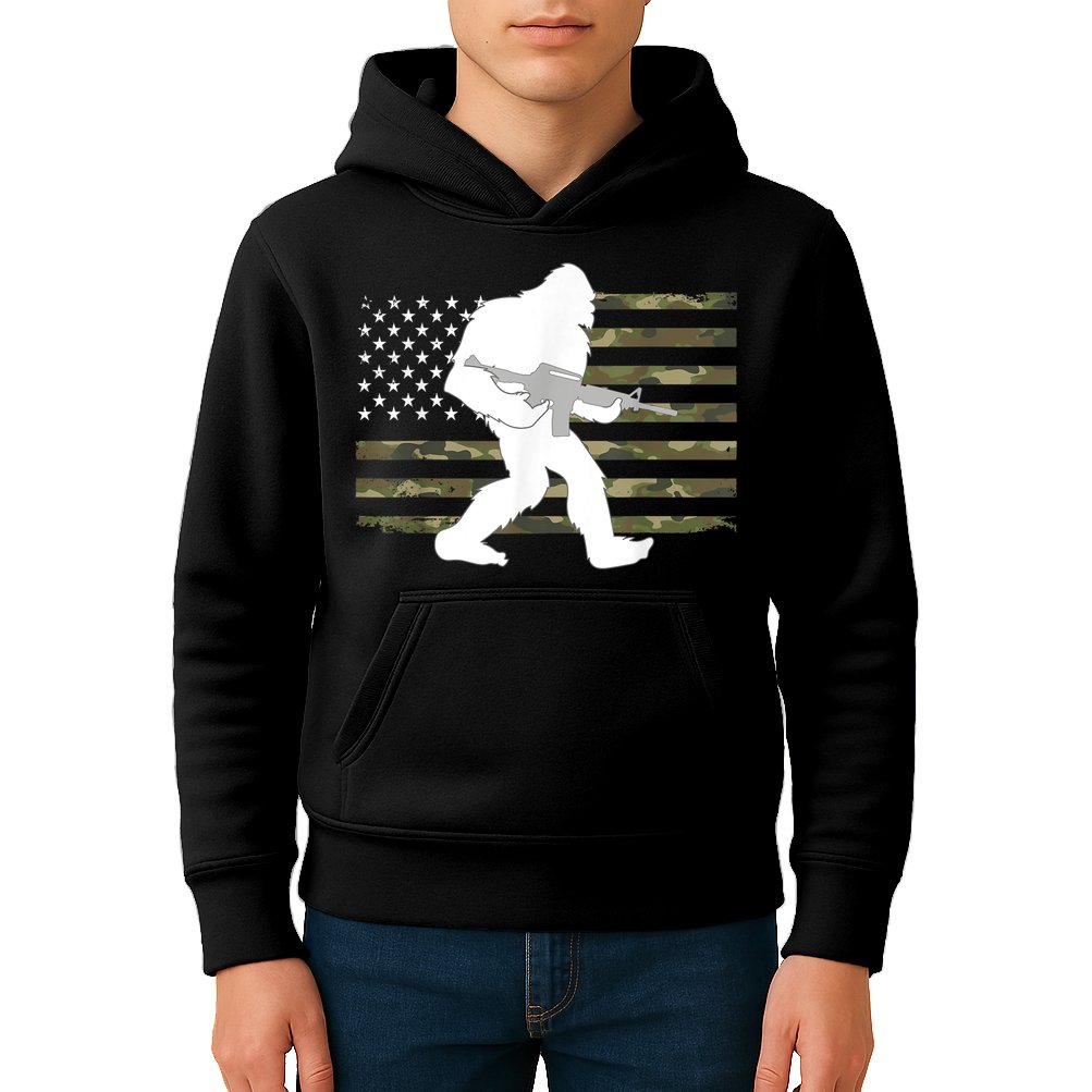 Bigfoot Gun Owner Camo Us American Flag Sasquatch Ar15 Rifle Kids Hoodie