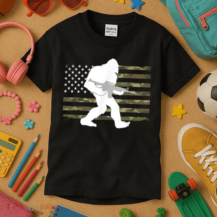 Bigfoot Gun Owner Camo Us American Flag Sasquatch Ar15 Rifle Kids T-Shirt