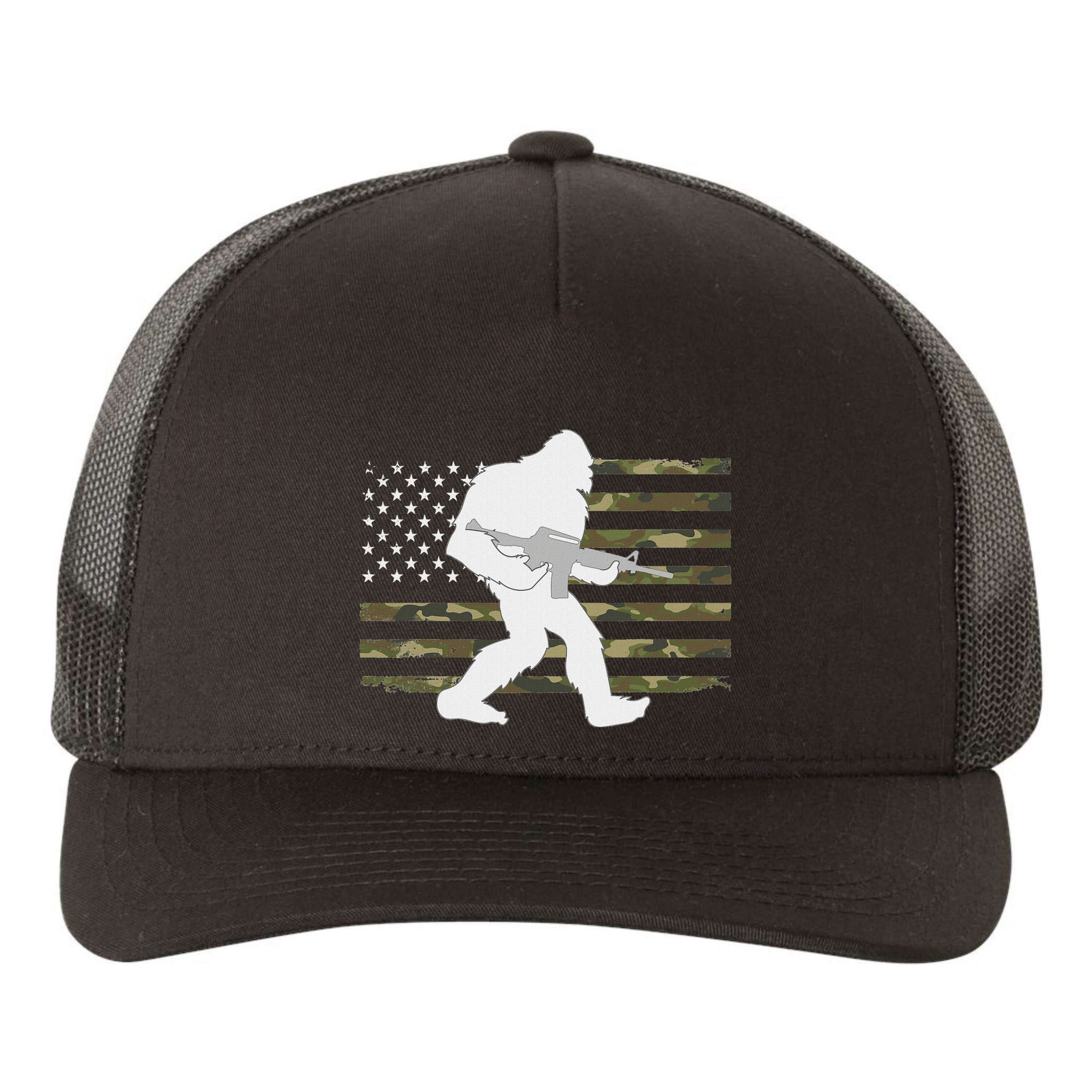 Bigfoot Gun Owner Camo Us American Flag Sasquatch Ar15 Rifle Yupoong Adult 5-Panel Trucker Hat