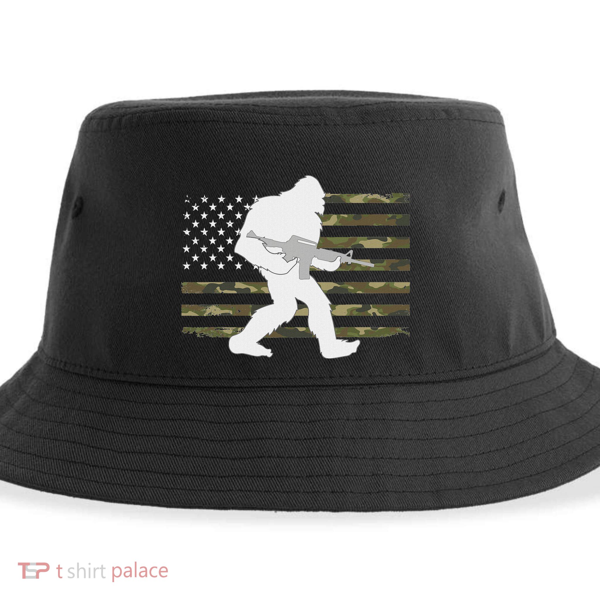 Bigfoot Gun Owner Camo Us American Flag Sasquatch Ar15 Rifle Sustainable Bucket Hat