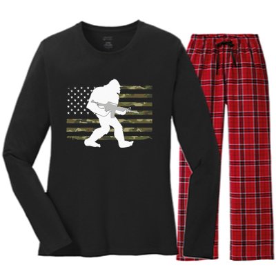 Bigfoot Gun Owner Camo US American Flag Sasquatch AR15 Rifle Women's Long Sleeve Flannel Pajama Set 