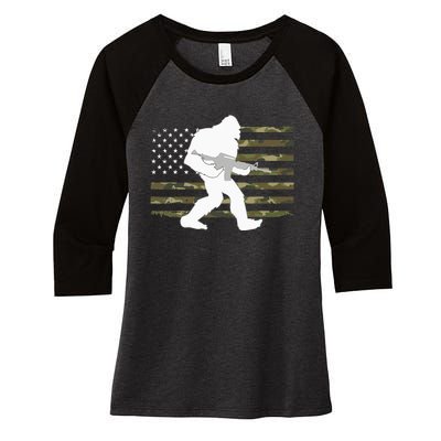 Bigfoot Gun Owner Camo US American Flag Sasquatch AR15 Rifle Women's Tri-Blend 3/4-Sleeve Raglan Shirt