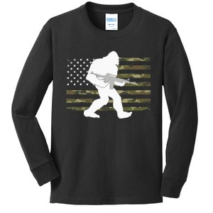 Bigfoot Gun Owner Camo US American Flag Sasquatch AR15 Rifle Kids Long Sleeve Shirt