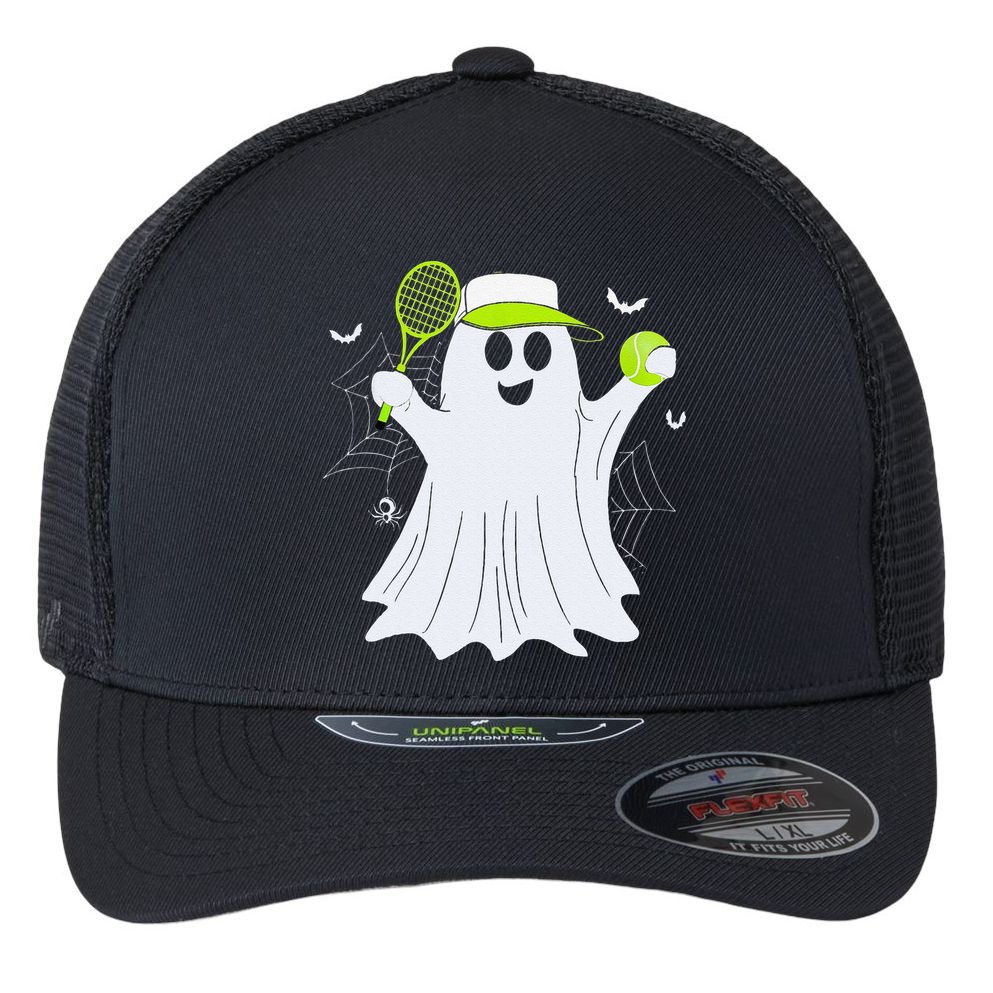 Boo Ghost Playing Tennis Funny Halloween Tennis Costume Flexfit Unipanel Trucker Cap