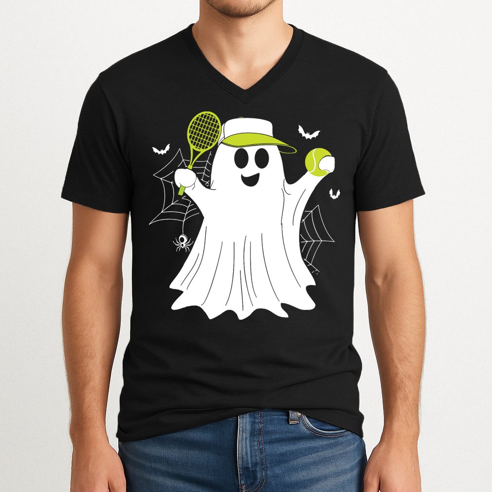Boo Ghost Playing Tennis Funny Halloween Tennis Costume V-Neck T-Shirt