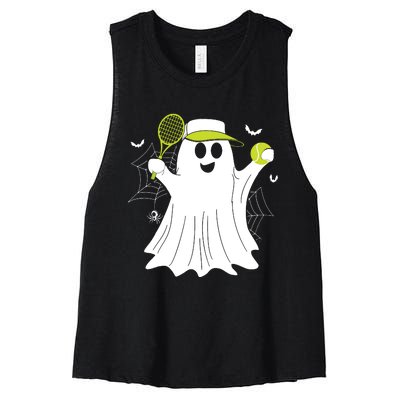 Boo Ghost Playing Tennis Funny Halloween Tennis Costume Women's Racerback Cropped Tank