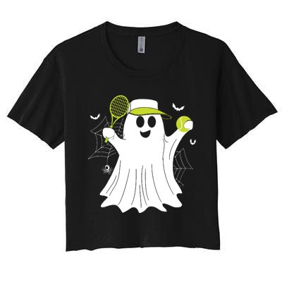 Boo Ghost Playing Tennis Funny Halloween Tennis Costume Women's Crop Top Tee