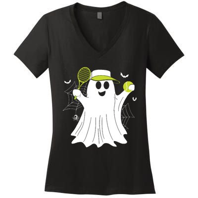 Boo Ghost Playing Tennis Funny Halloween Tennis Costume Women's V-Neck T-Shirt