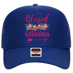 Blessed Grandma Pink Watercolor Flower Bouquet Funny Gift High Crown Mesh Back Trucker Hat