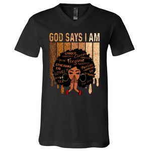 Black Girl Queen God Says I Am Melanin History Month V-Neck T-Shirt