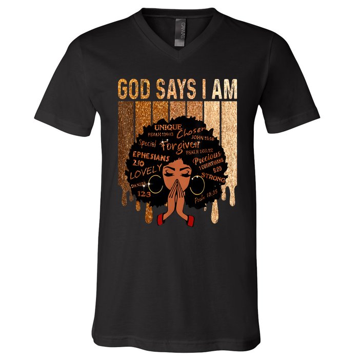 Black Girl Queen God Says I Am Melanin History Month V-Neck T-Shirt