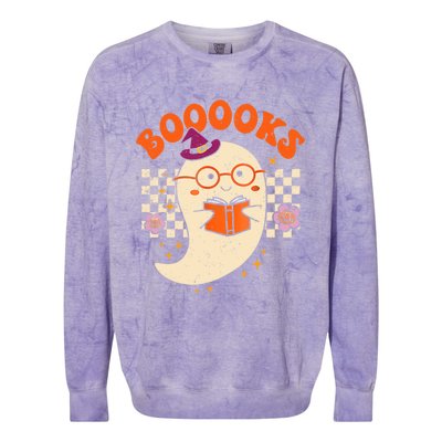 Books Ghost Reading Boooks Retro Groovy Halloween Teacher Gift Colorblast Crewneck Sweatshirt