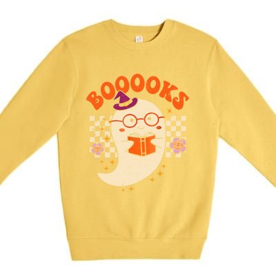 Books Ghost Reading Boooks Retro Groovy Halloween Teacher Gift Premium Crewneck Sweatshirt