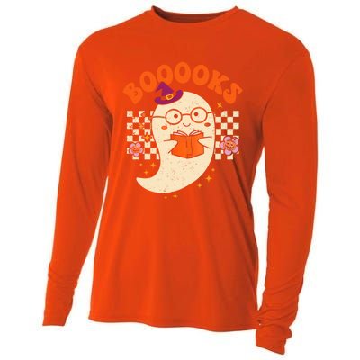 Books Ghost Reading Boooks Retro Groovy Halloween Teacher Gift Cooling Performance Long Sleeve Crew