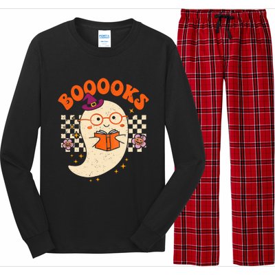 Books Ghost Reading Boooks Retro Groovy Halloween Teacher Gift Long Sleeve Pajama Set