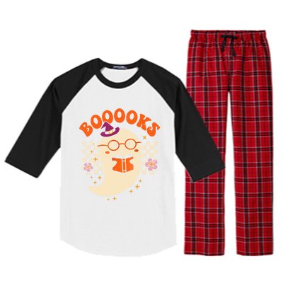 Books Ghost Reading Boooks Retro Groovy Halloween Teacher Gift Raglan Sleeve Pajama Set