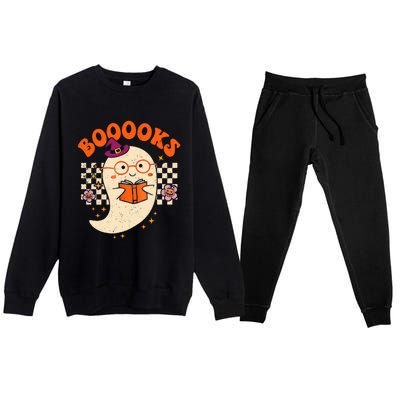 Books Ghost Reading Boooks Retro Groovy Halloween Teacher Gift Premium Crewneck Sweatsuit Set