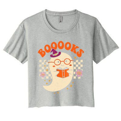 Books Ghost Reading Boooks Retro Groovy Halloween Teacher Gift Women's Crop Top Tee