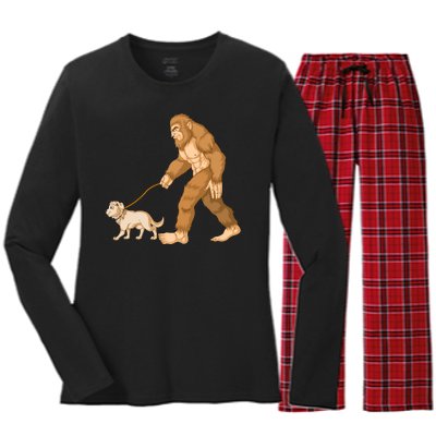 Bigfoot Golden Retriver Walking Women's Long Sleeve Flannel Pajama Set 