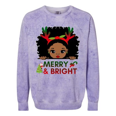 Black Girl Reindeer Santa Claus Christmas Merry And Bright Colorblast Crewneck Sweatshirt