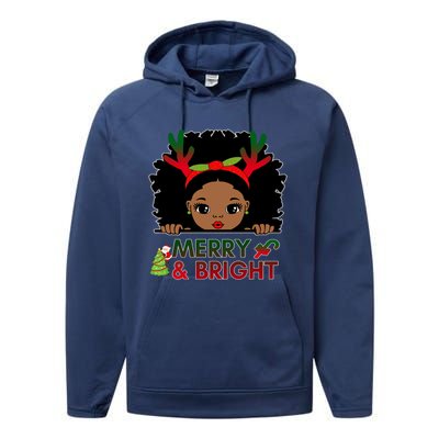 Black Girl Reindeer Santa Claus Christmas Merry And Bright Performance Fleece Hoodie