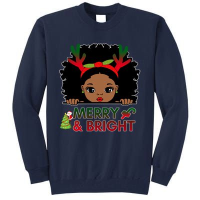 Black Girl Reindeer Santa Claus Christmas Merry And Bright Tall Sweatshirt