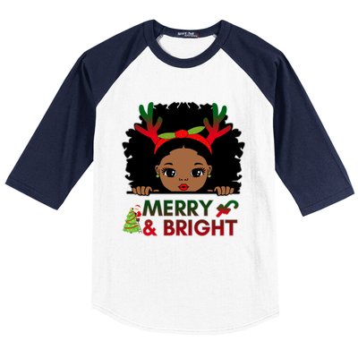 Black Girl Reindeer Santa Claus Christmas Merry And Bright Baseball Sleeve Shirt