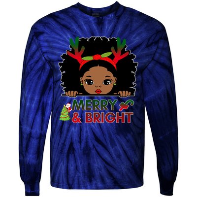 Black Girl Reindeer Santa Claus Christmas Merry And Bright Tie-Dye Long Sleeve Shirt