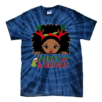 Black Girl Reindeer Santa Claus Christmas Merry And Bright Tie-Dye T-Shirt