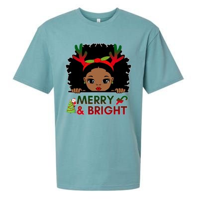 Black Girl Reindeer Santa Claus Christmas Merry And Bright Sueded Cloud Jersey T-Shirt