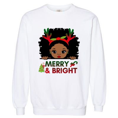 Black Girl Reindeer Santa Claus Christmas Merry And Bright Garment-Dyed Sweatshirt