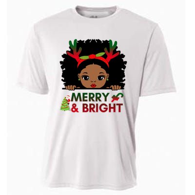 Black Girl Reindeer Santa Claus Christmas Merry And Bright Cooling Performance Crew T-Shirt