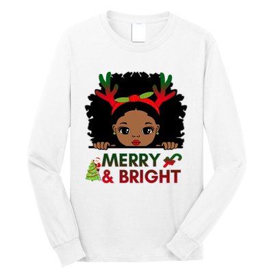 Black Girl Reindeer Santa Claus Christmas Merry And Bright Long Sleeve Shirt